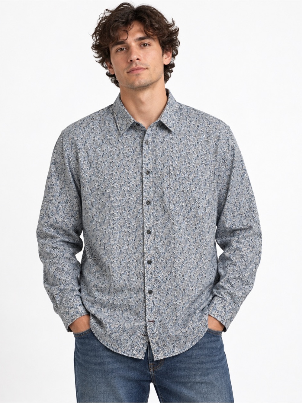 7 For All Mankind Men’s XL Floral Button Down Shirt Blue Cotton Long Sleeve